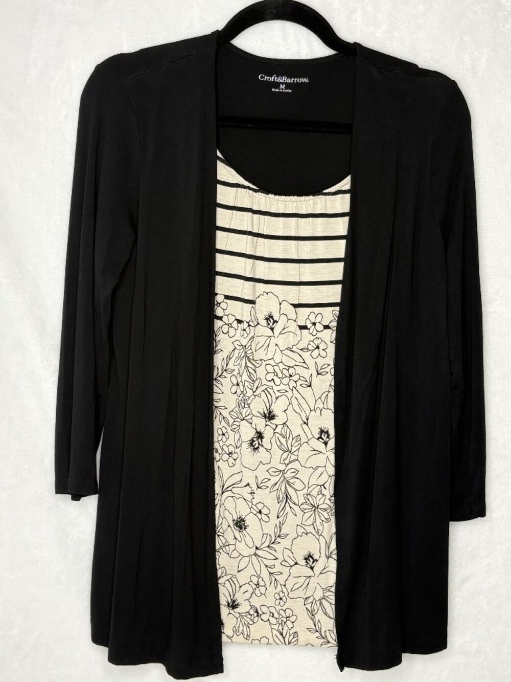 CROFT & BARROW TWINSET BLACK ~ATTACHED BEIGE PRINT CAMI - M